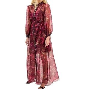 NWT JULIA JORDAN Floral Sheer Long Sleeve Tie Waist Maxi Shirt Dress Size 6
